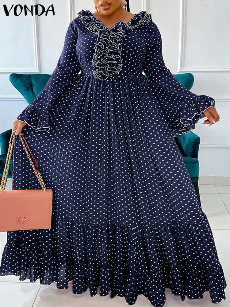 Party Dresses VONDA Women Long Sleeve Bohemian Dress Polka Dot Printed Maxi Summer Evening Pleated Casual Loose Robe Femme 230211