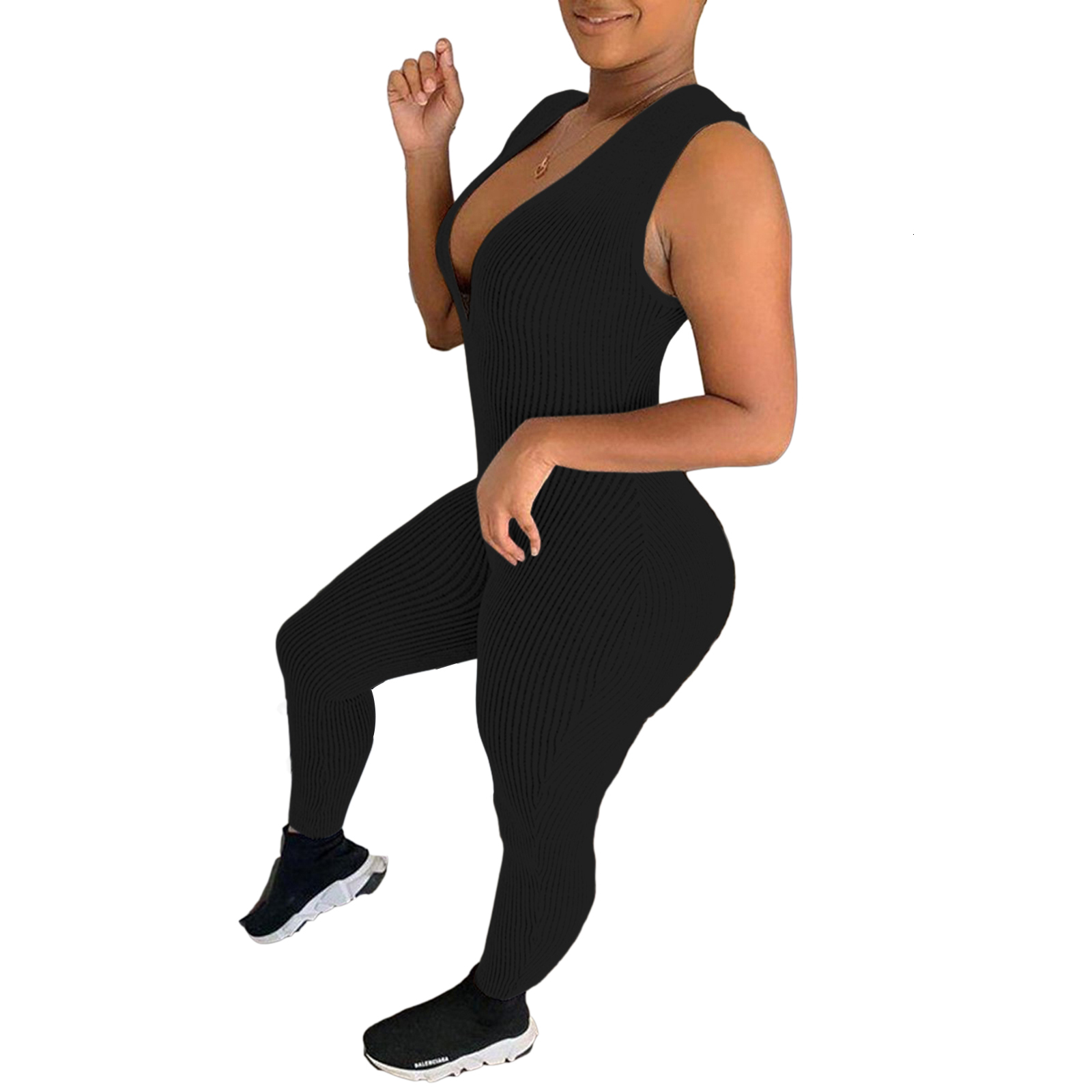 Women's Jumpsuits Rompers Deep V Neck Ribbed Long Jumpsuits Sleeveless Women Skinny Solid Army Green Bodycon Fashion Push Up Outfits 230210
