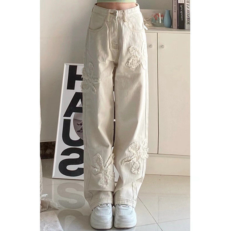 Women's Jeans Wash paste cloth with rough edges flowers waist straight tube loose and thin versatile jeans women's high street 230211 Z26031