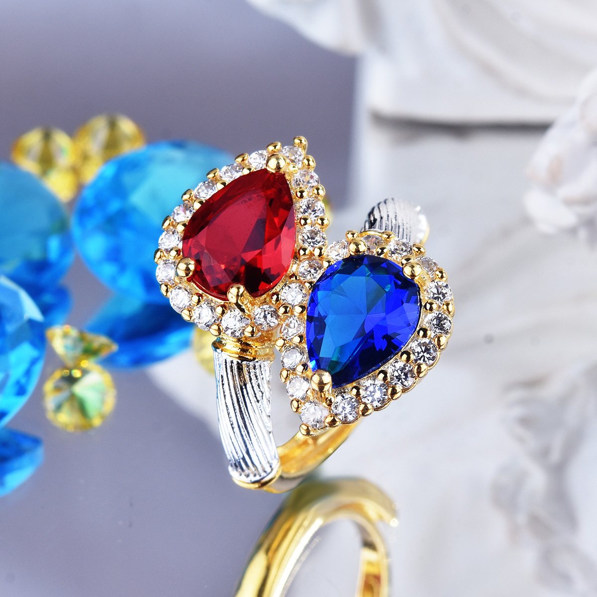 Choucong Brand Wedding Rings Vintage Jewelry 925 Sterling Silver Gold Fill Water Drop Sapphire CZ Diamond Gemstones Party Women Romantic Open Adjustab