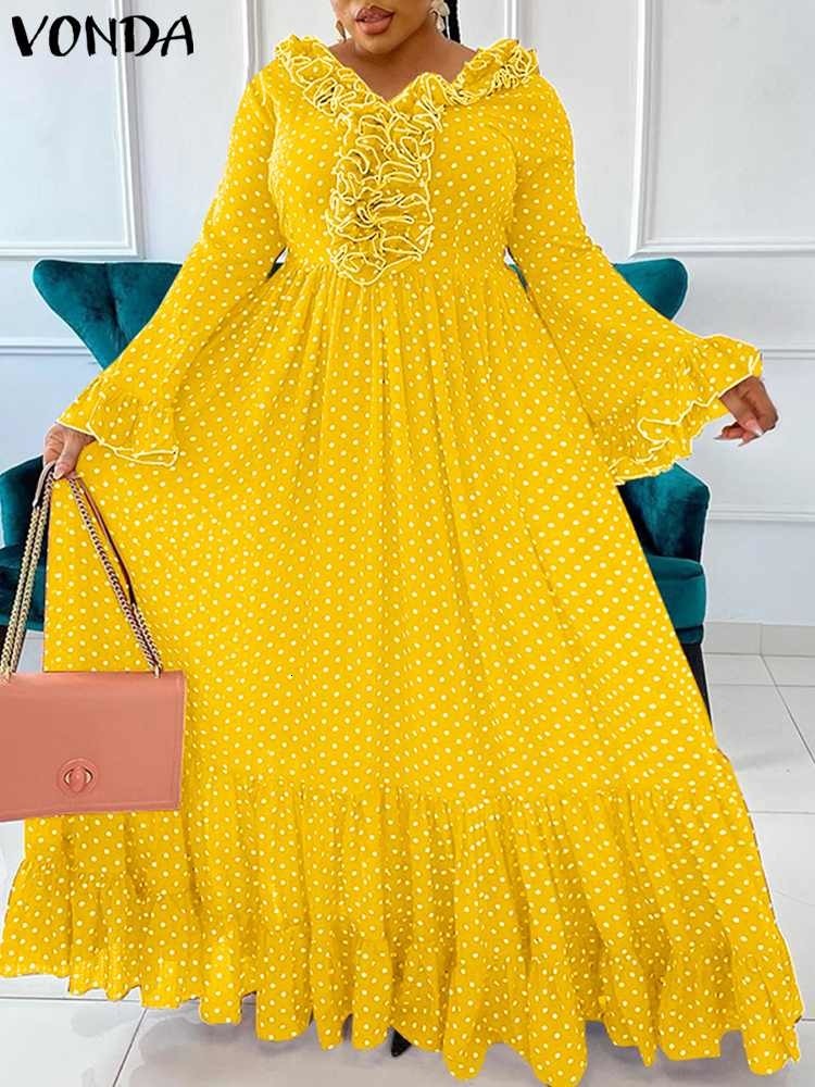 Party Dresses VONDA Women Long Sleeve Bohemian Dress Polka Dot Printed Maxi Summer Evening Pleated Casual Loose Robe Femme 230211