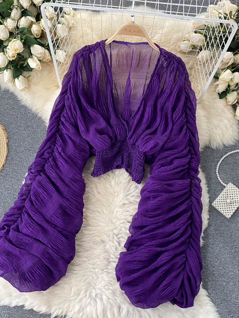 Women's Blouses Shirts Summer Sexy Draped Chiffon Blouse For Women Elegant V-Neck Puff Long Sleeve Short Tops Female Slim Party Shirts Fashion 23