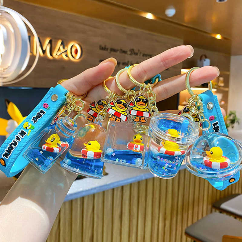 Key Rings Cartoon Floating Milk Tea Cup Key Chain Cute Ocean Swimming Ring Duck Little Yellow Duck Playful Doll Keychain Bag Gift Keyfob G230210