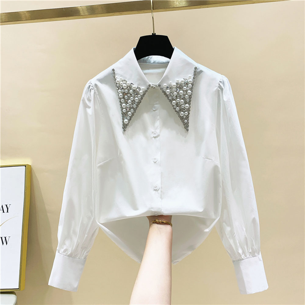 Women's Blouses Shirts High Quality Pearls Diamonds Collar White Shirt Women Tops Mujer Spring Arrival OL Elegant Blouse Tops Camisas Mujer 230211
