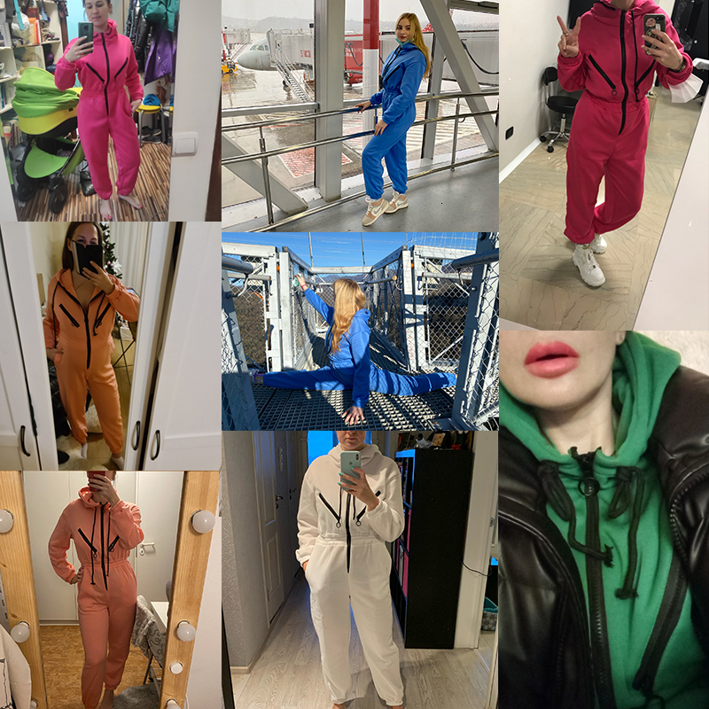 Women's Jumpsuits Rompers Women Elegant Jumpsuit Hoodies Zipper Outfit Fleece Lined Winter Long Sleeve Overalls Casual Rompers Tracksuits Black 2