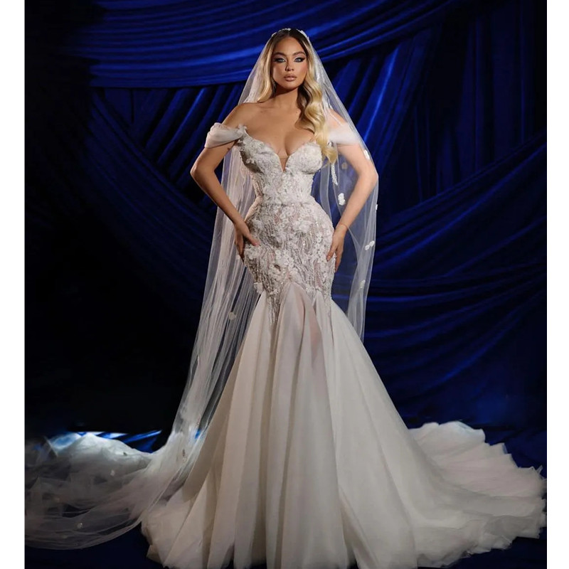 Shoulder Princess Off Mermaid Bridal Gowns Sleeveless V Neck 3D Lace Appliques Sequins Beaded Sexy Trumpet Train Or Length Plus Size Wedding Dresses 3