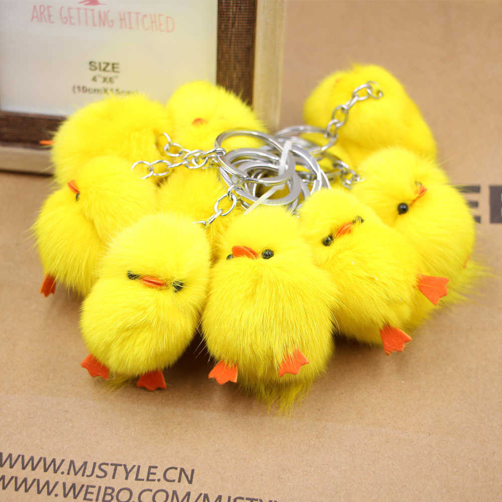 Key Rings Little Yellow Chicken Real Hair Keychain Little Chicken Plush Bag Jewelry Accessories Girl Duck Mobile Phone Ornaments G230210