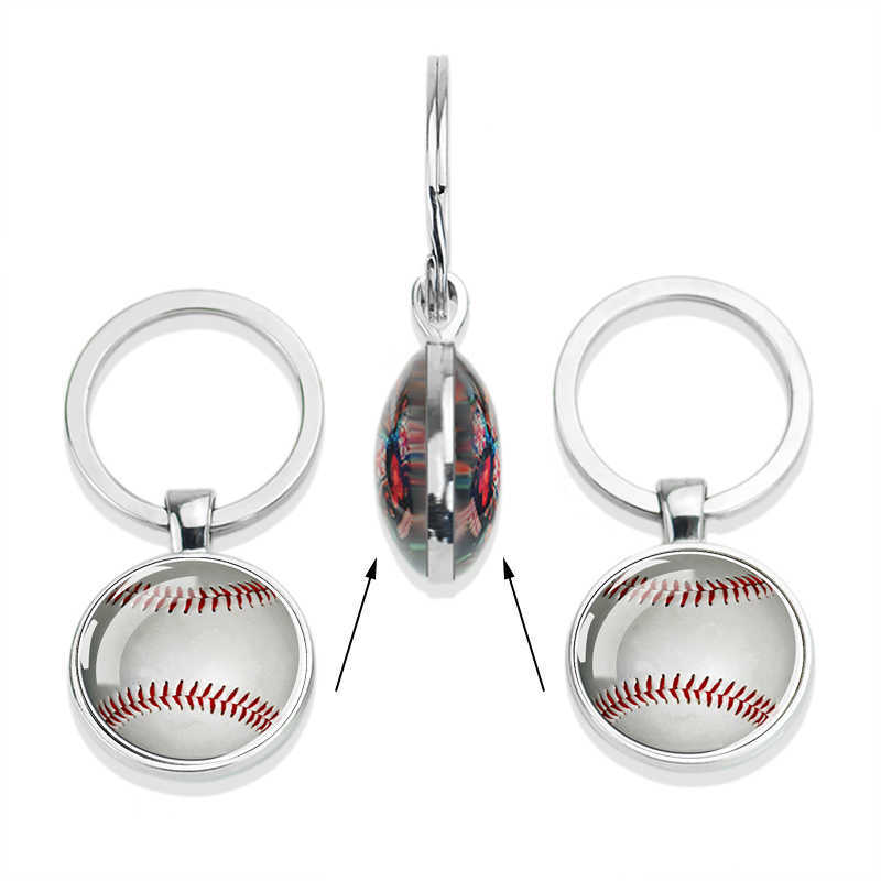 Key Rings Creative Football Pendant Keychain Double Side Sports Ball Basketball Tennis Golf Volleyball Glass Cabochon Gem Keyrings Pendant G230210
