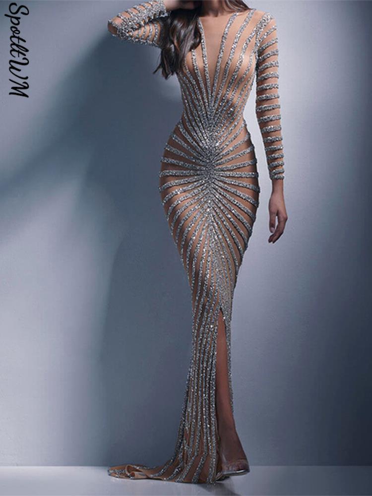 Party Dresses Women Sexy Mesh Sequins Split Fishtail Dresses Female Sexy V Neck Long Sleeve Maxi Dress Summer Lady Party Evening Long Dress 230211