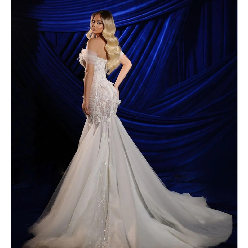Shoulder Princess Off Mermaid Bridal Gowns Sleeveless V Neck 3D Lace Appliques Sequins Beaded Sexy Trumpet Train Or Length Plus Size Wedding Dresses 3