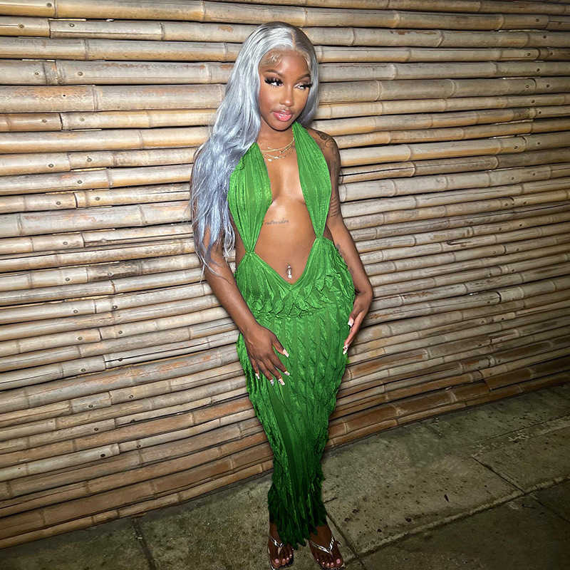 ANJAMANOR Casual Ruffled Dresses Mesh Deep V Halter Backless Long Maxi Dress Sexy Party Night Clubwear Pink Birthday Dressed For Women D66-Bh19 T2