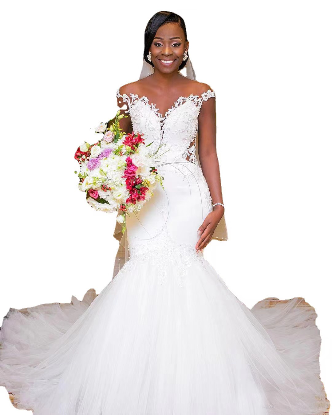 Plus Size Mermaid Wedding Dresses with Detachable Train Sheer Neck Long Sleeve African Lace Applique Wedding Gowns vestido de novia 2023