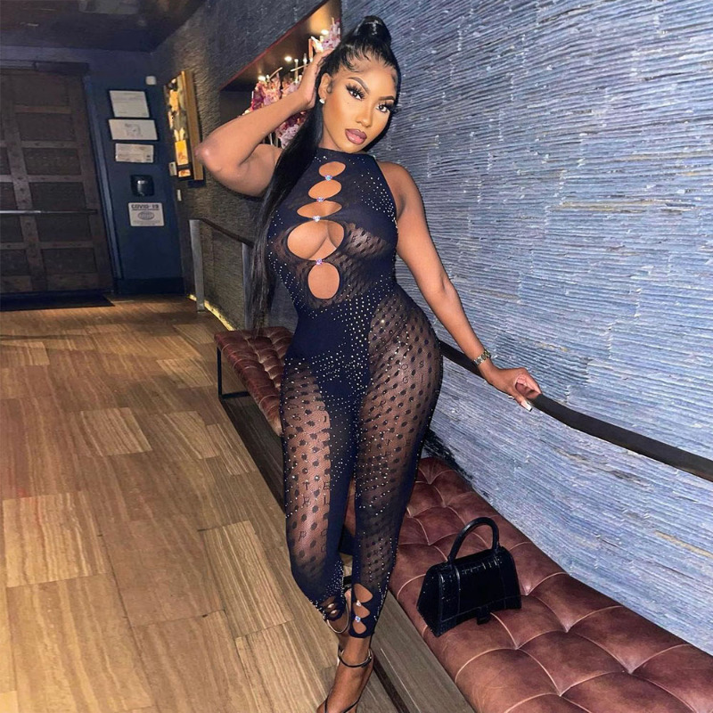 Women's Jumpsuits Rompers Cut Out Mesh Sheer Patchwork Bodycon Rompers Summer Sexy Diamond Jumpsuits Women Sleeveless Fitness Clubwear 230210