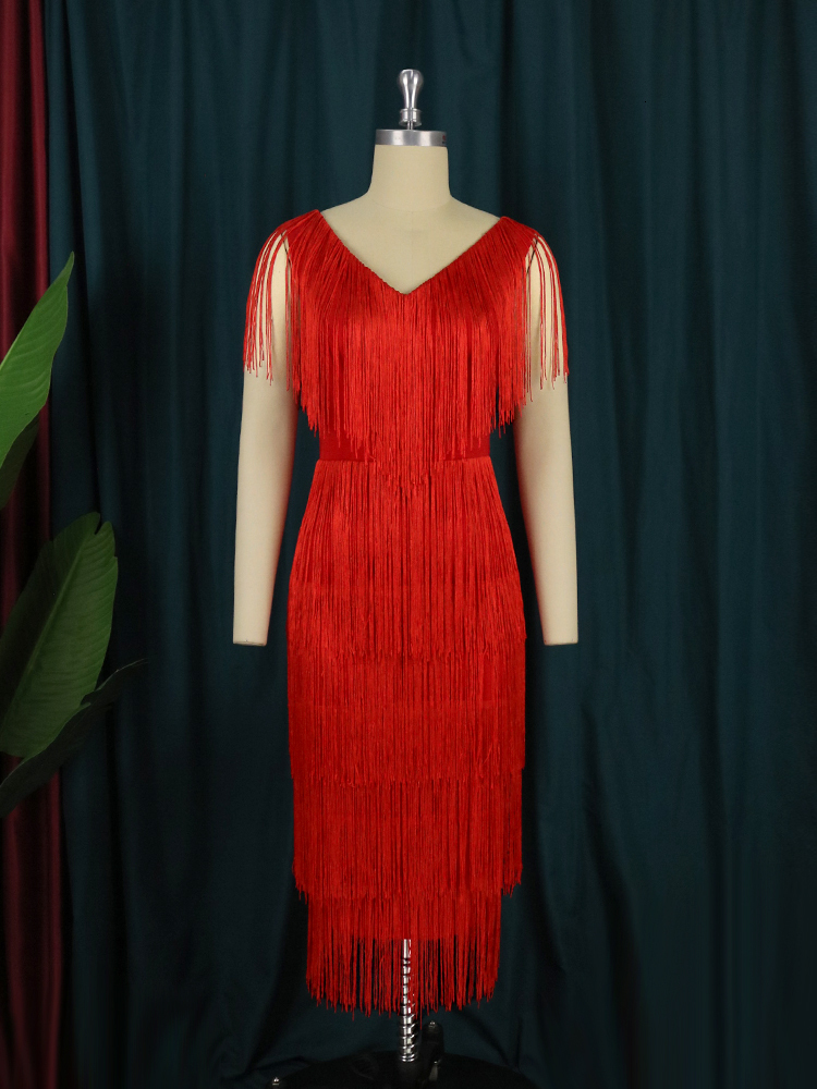 Party Dresses Red Tassel Dresses Women Sexy V Neck Fringe Cocktail Event Party Outfits Sleeveless Summer Fashion Gowns for Ladies 230211