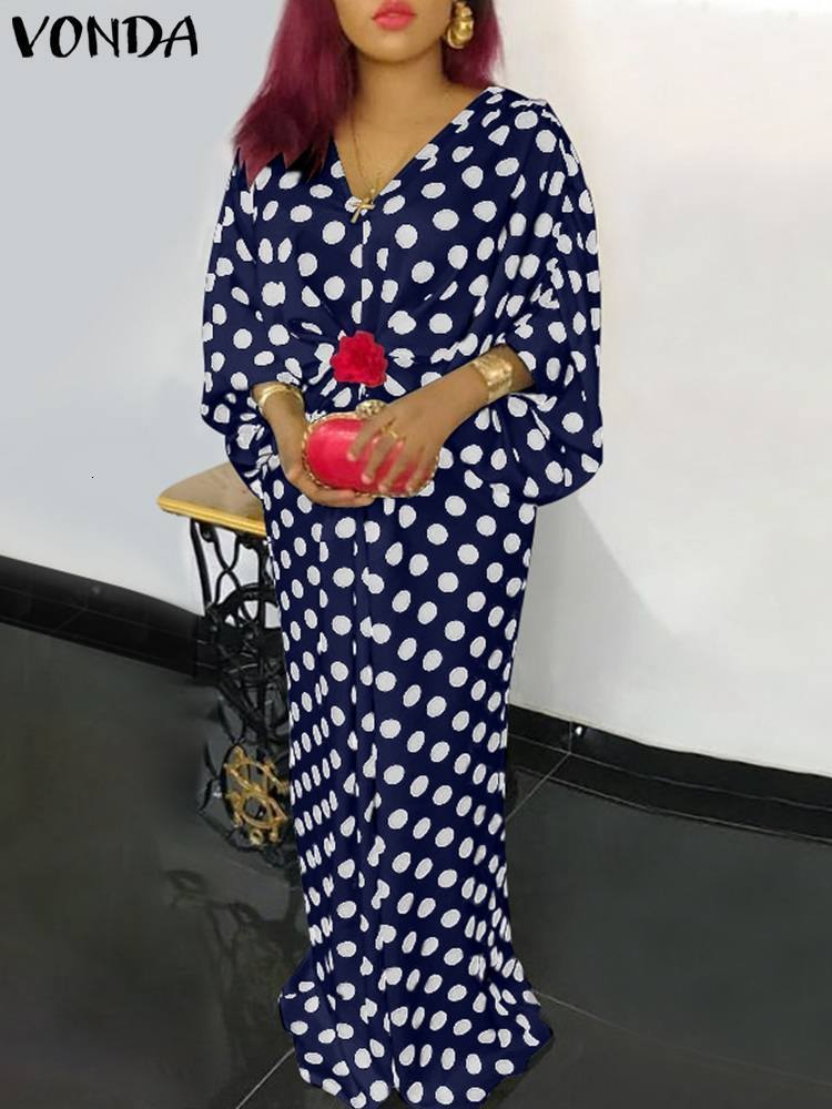 Party Dresses Women Ruffled Dress VONDA Polka Dot Print Evening Bohemian Crochet Patchwork Maxi Sundress Femme Vestidos 230211