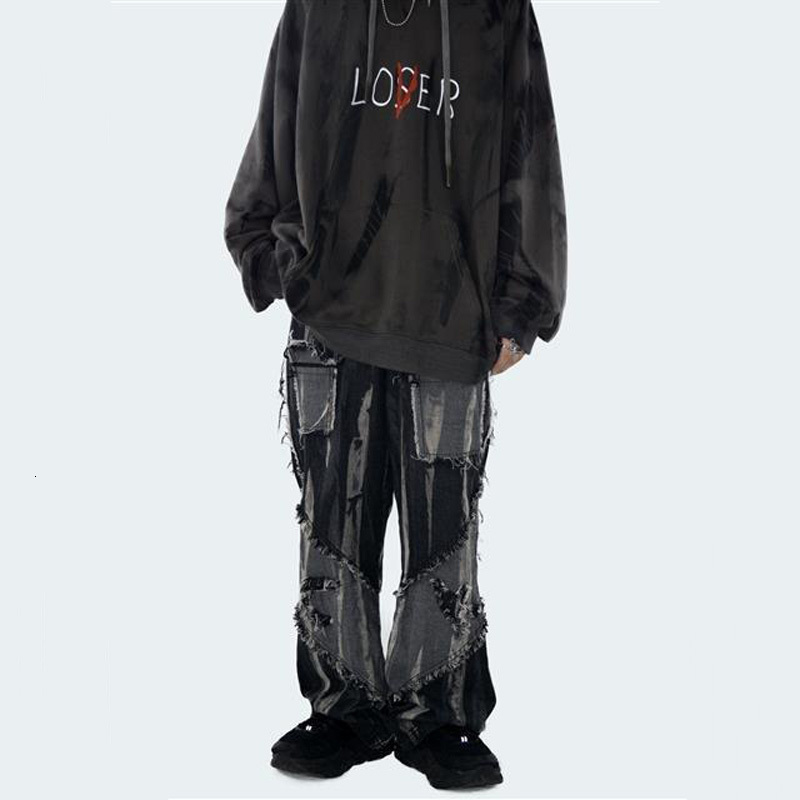 Men's Jeans Vintage Frayed Wide-leg Men Woman Distressed Patchwork Punk Baggy Straight Denim Trousers Hiphop Street Couple Black Pants 230211