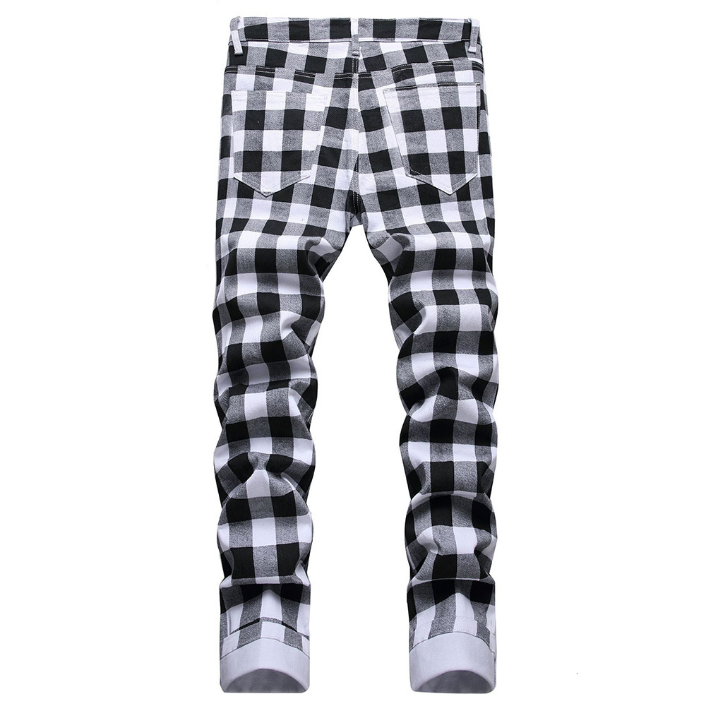 Men's Jeans Black and White Plaid Printed Fashion Check Digital Print Slim Straight Pants Stretch Trousers 230211