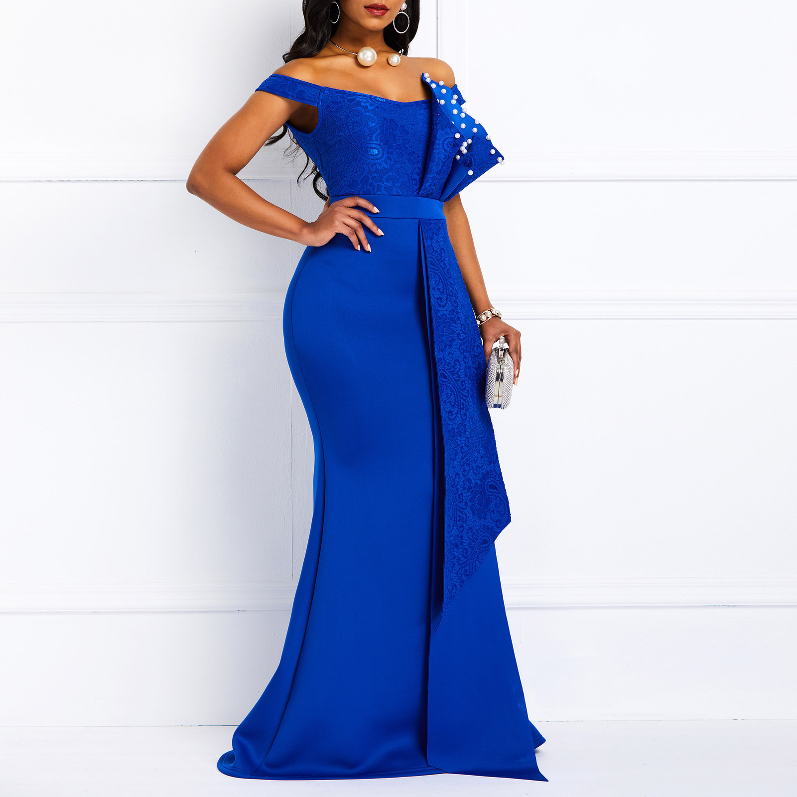 Party Dresses Winter Women Slash Neck Short Sleeve Pearl Dress Sexy Office Lady Africa Evening Night Club Long Maxi GL05143 230211