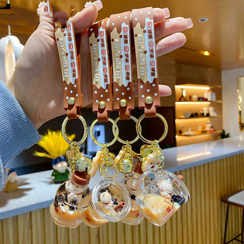 Key Rings Bears Milk Tea Liquid Keychain for Women Girls Tea Cup Design Tapioca Ball Drink Boba Milk Keyring Floating Quicksand Key Chain G230210