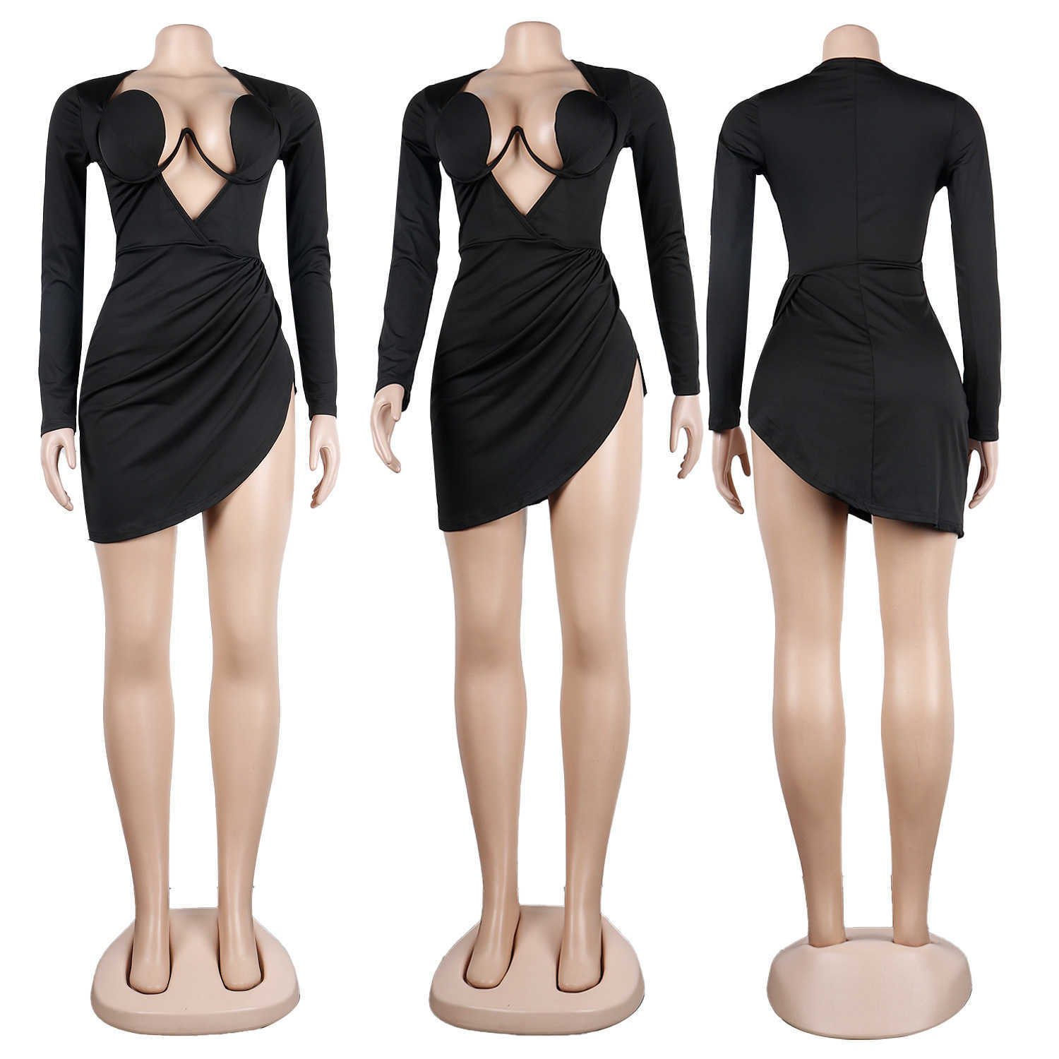 Party Dresses ANJAMANOR Sexy Irregular Deep V Long Sleeve Dresses for Women Autumn 2023 Clubbing Outfits Black Mini Bodycon Dress D35-CI25 T230210