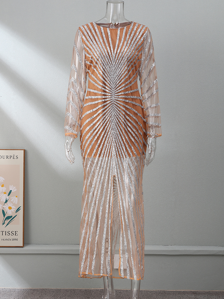 Party Dresses Women Sexy Mesh Sequins Split Fishtail Dresses Female Sexy V Neck Long Sleeve Maxi Dress Summer Lady Party Evening Long Dress 230211