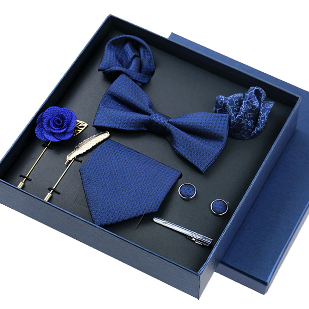 Neck Tie Set 8-piece Set Bussiness Blue Ties For Mans Floral Brooches Pin Cufflinks Tie Clips Butterfly Bowtie Wedding Accessori Gift Box Set 230210