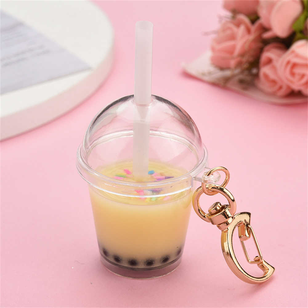 Key Rings Cute Mini Bubble Tea Keychain For Women Acrylic Simulation Bubble Cup Moon Key Chains with Straw Girl Gift Decoration Pendant G230210