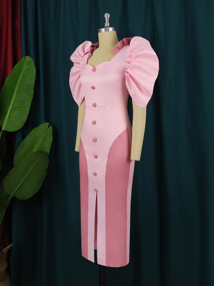 Party Dresses Sexy Pink for Women High Slit Short Puff Sleeve Button Robes Celebrate Homecoming Event Outfits Summer Vestidos 230211