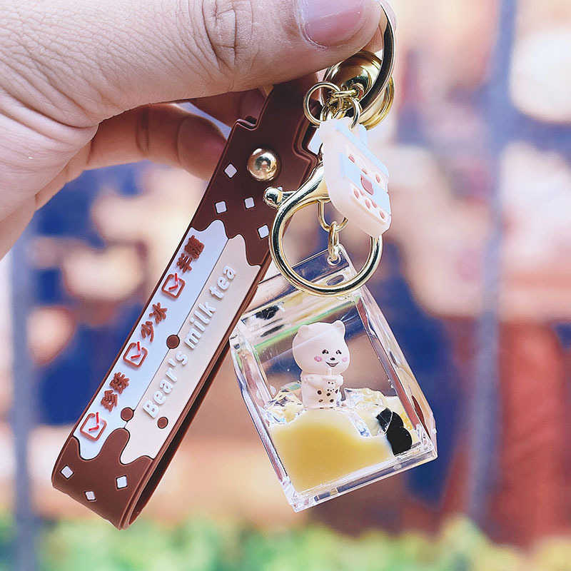 Key Rings Cute Oily Pearl Milk Tea Bear Floating Liquid Keychain Pendant Cup Drink Bottle llaveros Keychain keyring brelok sleutelhanger G230210