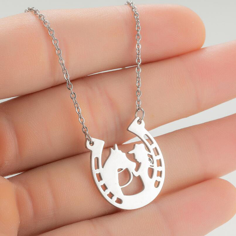 10PCS Lucky Cowgirl Horseshoe Necklace Cowboy Horse Head Shoe Hoof Initial Letter U Shape Charm Pendant Stainless Steel Choker Collar for Women