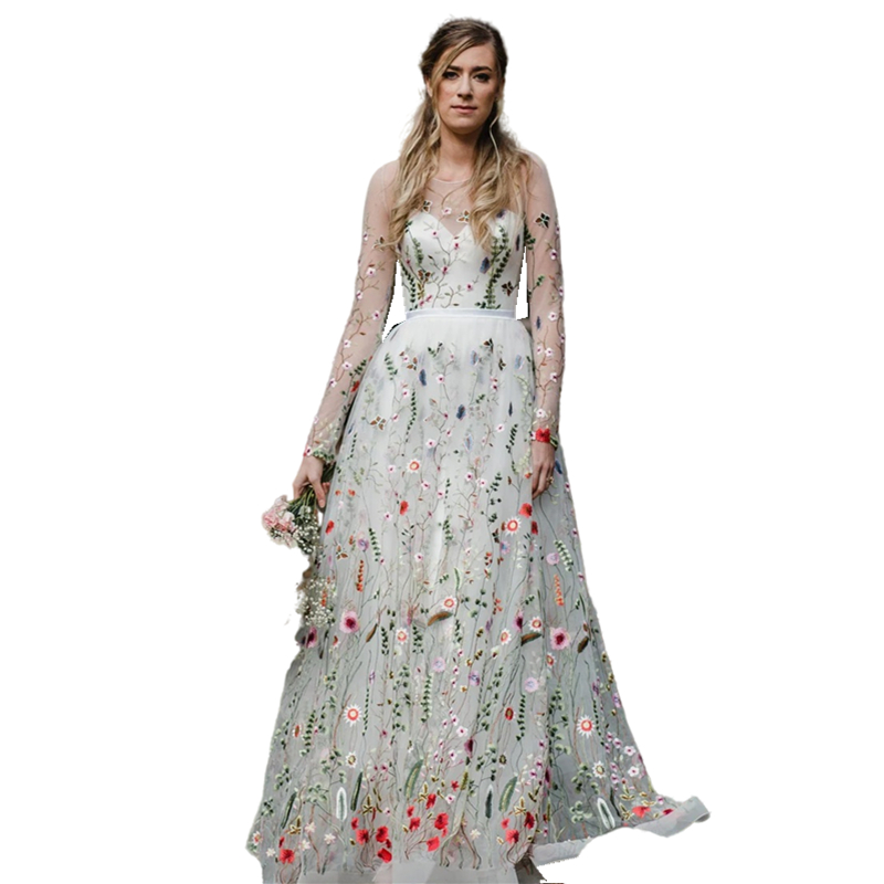 Spring Floral Lace A-Line Wedding Dresses Colorful Embroidery Long Sleeves Country Bridal Gowns Jewel Neck Sweep Train Lace-Up Back Garden Vestido De 