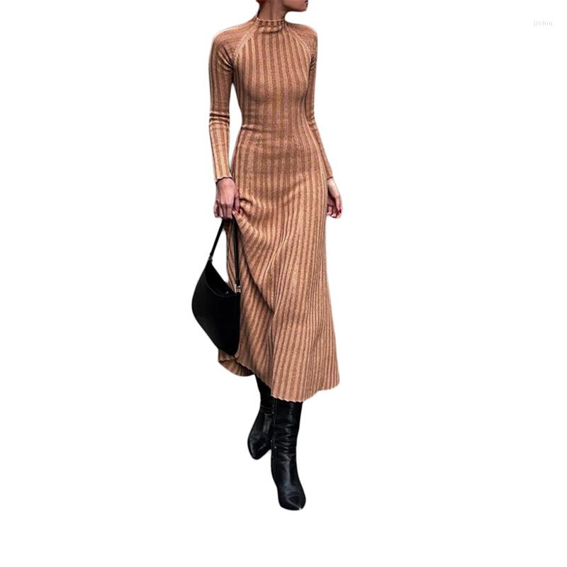 Casual Dresses Autumn Spring Knitted Bodycon Dress Women Solid Color Party Long Sleeve Slim Pleated Vestidos Female