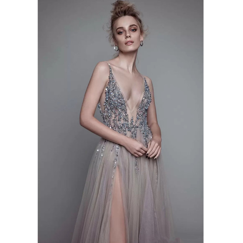 Sexy 2023 Berta Dresses Evening Wear Deep V-Neck Backless Sequins Formal Gowns Beaded Illusion A-E Party Dress