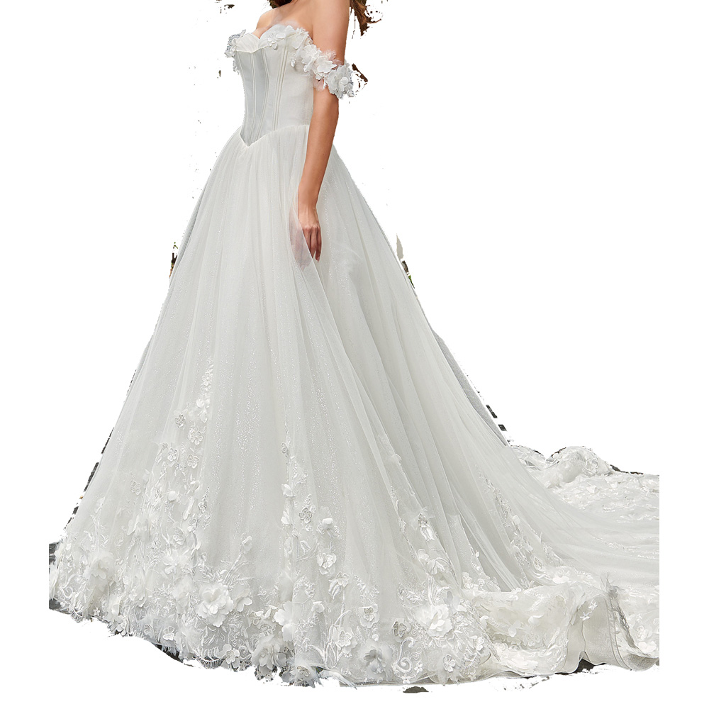 Gorgeous Court Train Wedding Dress Strapless High Waist Buttons Back Layers Tulle with Floral Embroidery Applique Bridal Gowns