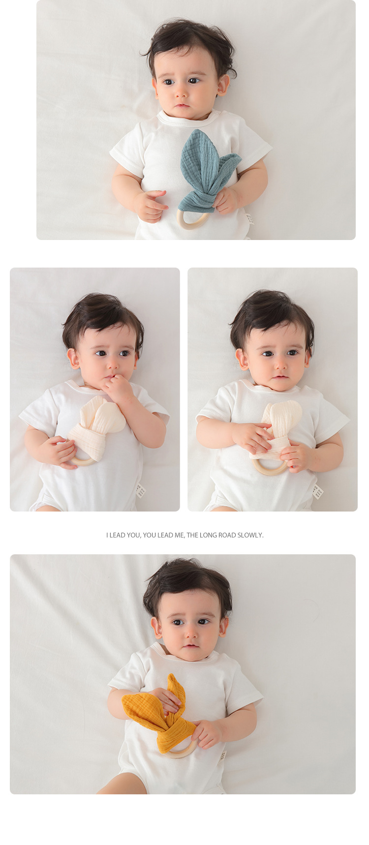 Solid color Bunny Ear Soothers Teether Fabric Wooden Teething Ring With Crinkle Material Shower Gift