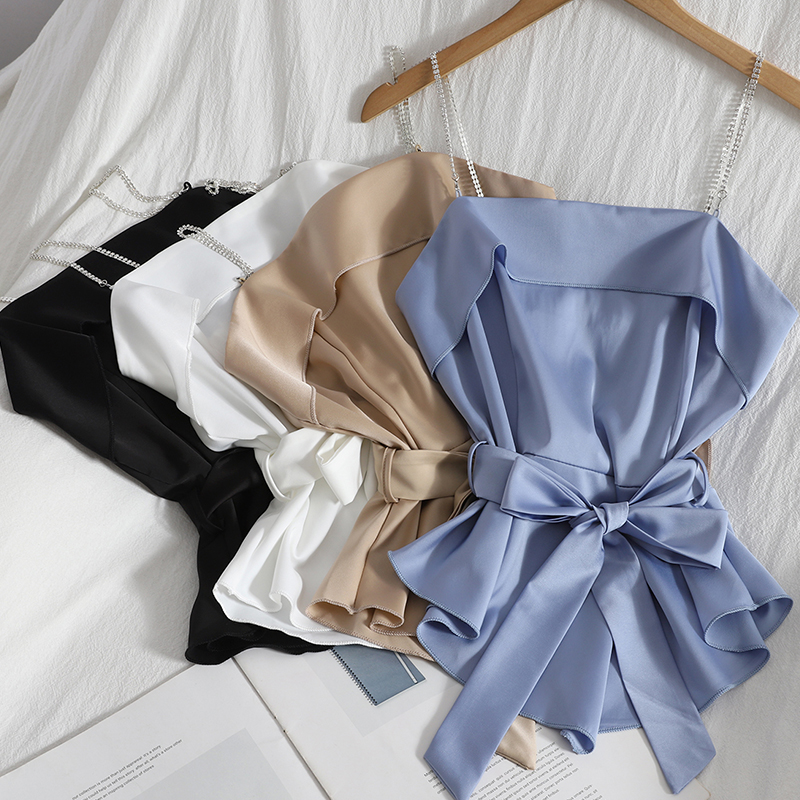 Womens spaghetti strap satin fabric sashes slim waist asymmetric bottom tanks camis solid color