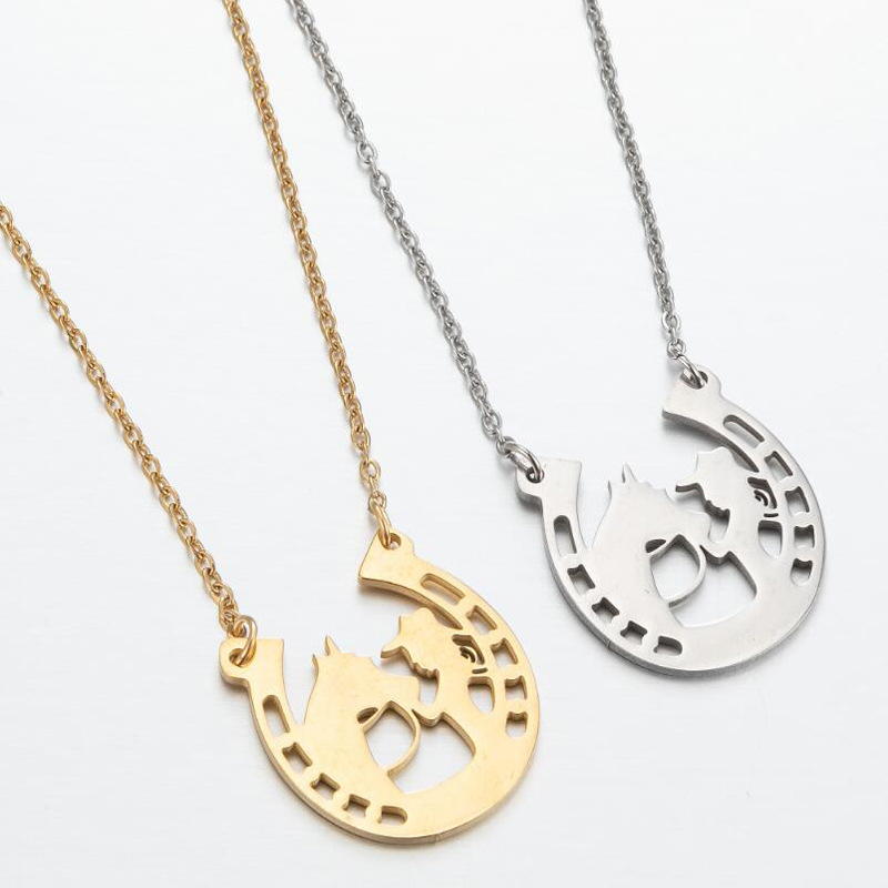 10PCS Lucky Cowgirl Horseshoe Necklace Cowboy Horse Head Shoe Hoof Initial Letter U Shape Charm Pendant Stainless Steel Choker Collar for Women