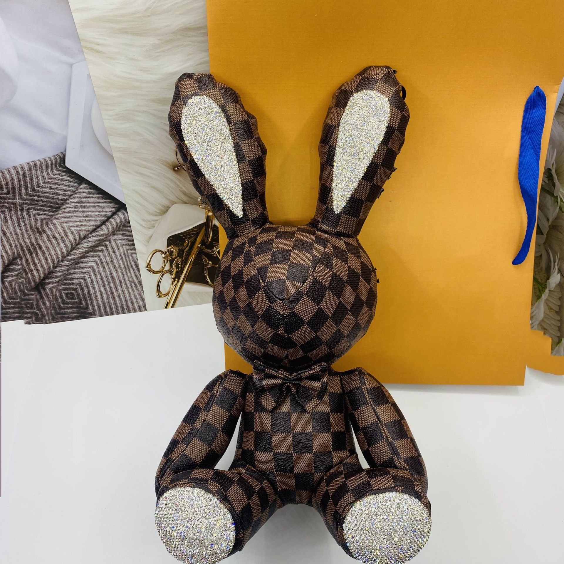 38cm Stuffed Bunny Dolls Keychain Ring Cute Luxury Diamond Rhinestone Rabbit Animal Plush Toys PU Leather Brown Flower Cartoon Xmas Birthday Gifts for Women Kids