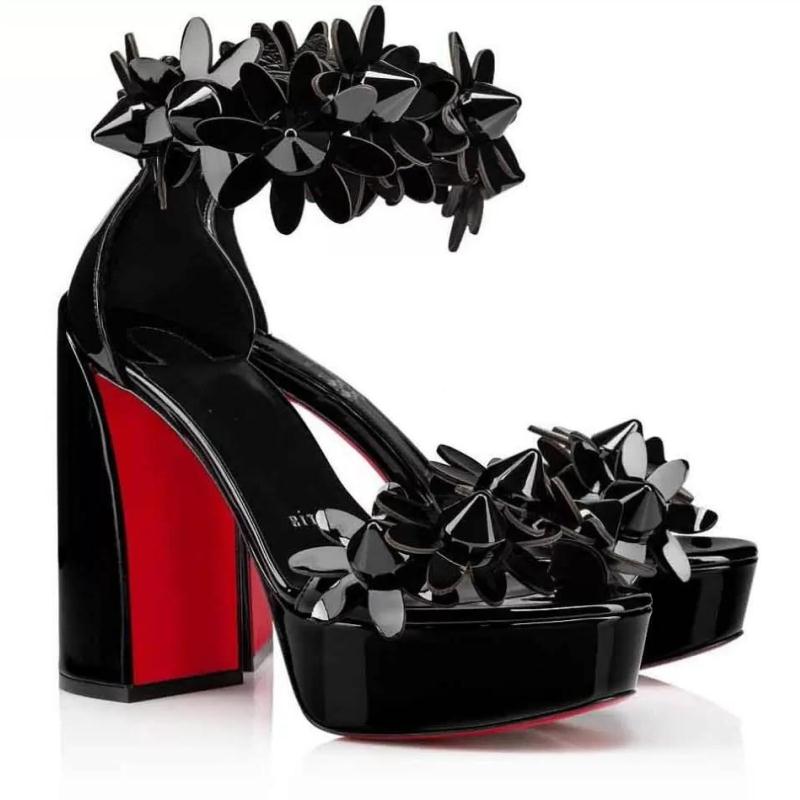 Sandals Summer Luxury Women's Daisy Spikes Sandals Shoes Red Soles High Heels Flower Strappy Square Heel Patent Calf Leather Lady Suht
Sandals Summer Luxury Women's Daisy Spikes Sandals Shoes Red Soles High Heels Flower Strappy Square Heel Patent Calf Leather Lady Suht