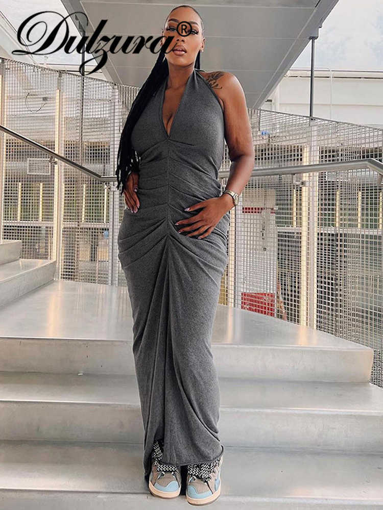 Casual Dresses Dulzura Elegant Ruched Y2K Clothes Lace Up Sleeveless Backless Bodycon Maxi Dress For Women 2022 Outfits Club Party Evening Prom T23021