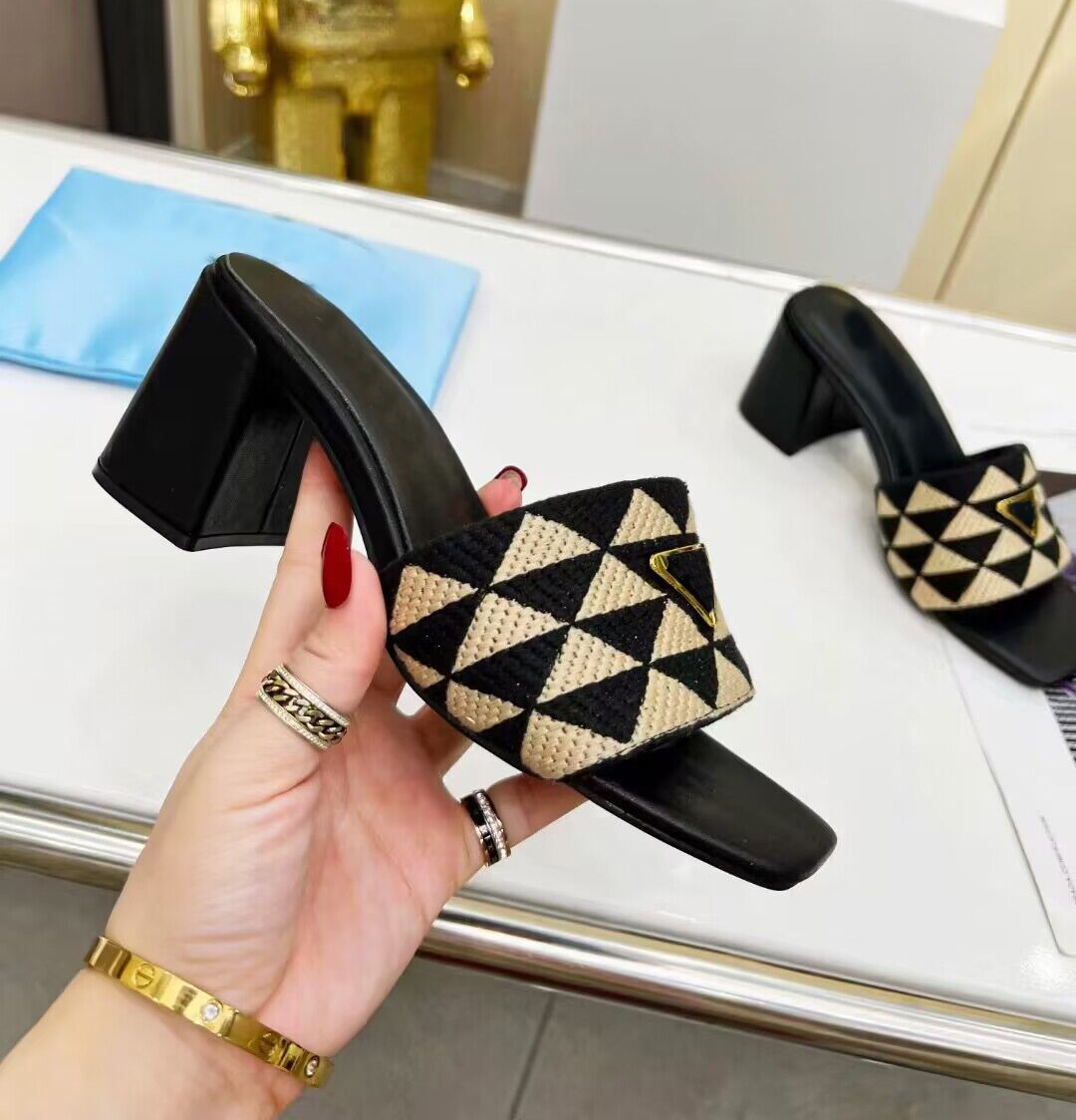Luxury design Women high heels sandal shoes Triangle printed fabric slippers Embroidered fabric slides block heeled summer sandals 35-43Box