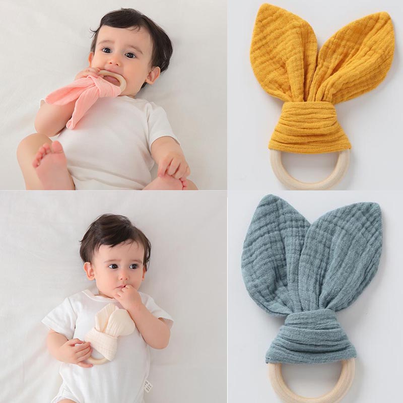Solid color Bunny Ear Soothers Teether Fabric Wooden Teething Ring With Crinkle Material Shower Gift