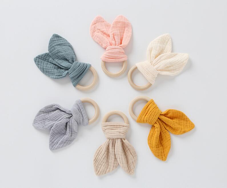 Solid color Bunny Ear Soothers Teether Fabric Wooden Teething Ring With Crinkle Material Shower Gift