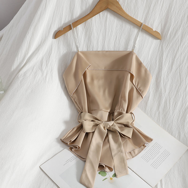 Womens spaghetti strap satin fabric sashes slim waist asymmetric bottom tanks camis solid color