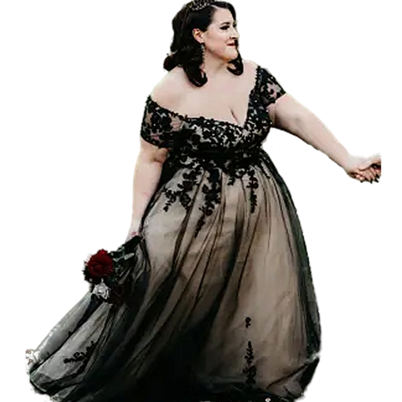 Plus Size Wedding Dress V-neck A-Line Champagne And Black Gothic Bridal Gowns Off Shoulder Lace Appliques Long Tulle Country Bride Dresses Lace Appliq