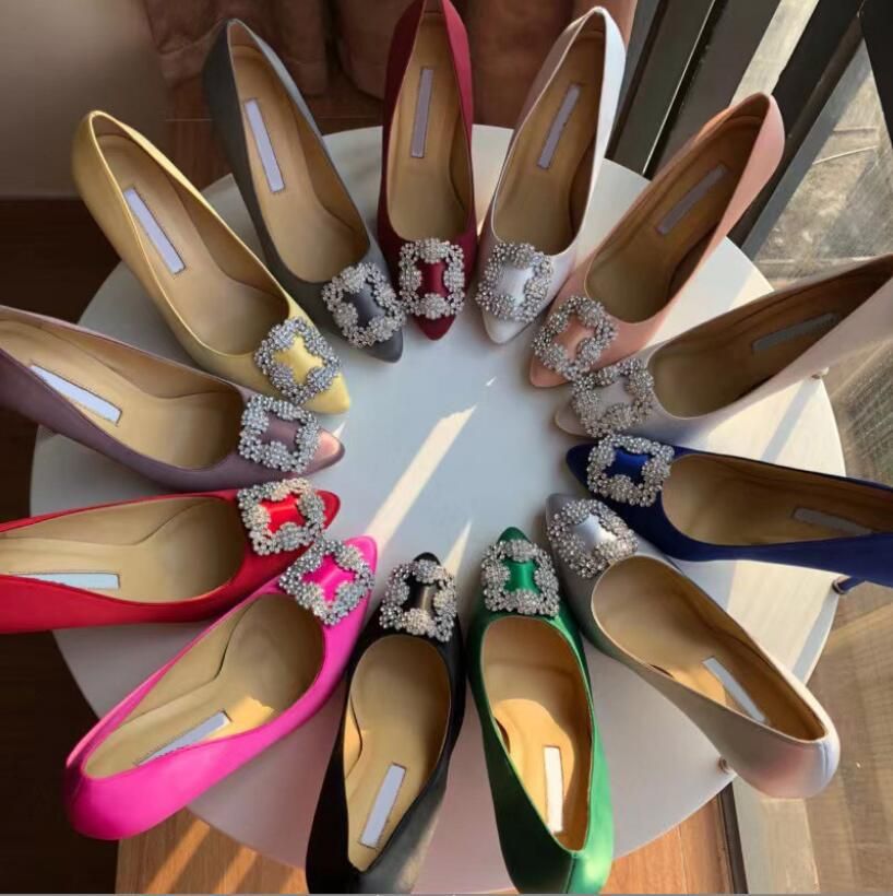 New Classic Pointed Flat Shoes Women's Buckle Flat-heeled Silk Satin Rhinestone Light Red Wedding Shoes