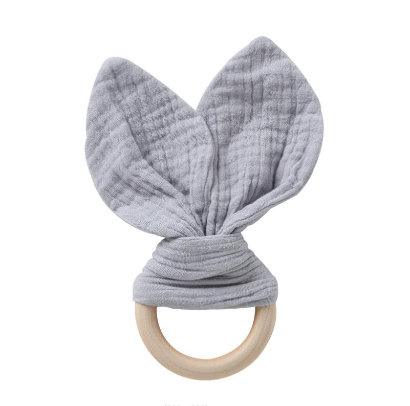 Solid color Bunny Ear Soothers Teether Fabric Wooden Teething Ring With Crinkle Material Shower Gift