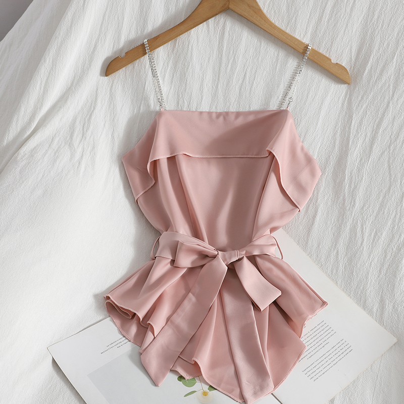 Womens spaghetti strap satin fabric sashes slim waist asymmetric bottom tanks camis solid color