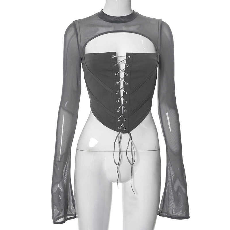 Women's T-Shirt Women's fashion shirts summer New Solid Casual Backless Round Neck Long Sleeve Strap Mesh Slim Top