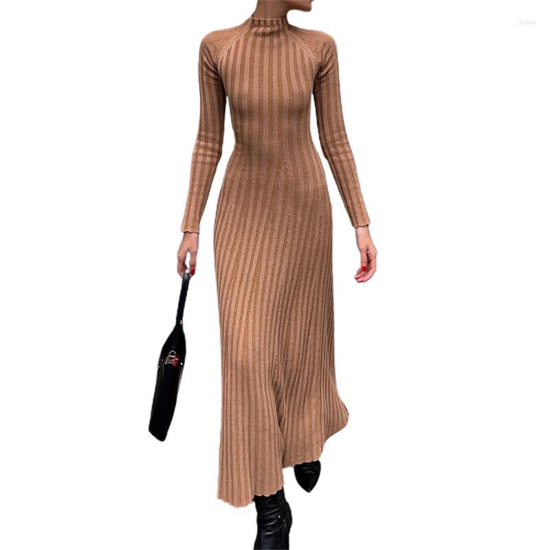 Casual Dresses Autumn Spring Knitted Bodycon Dress Women Solid Color Party Long Sleeve Slim Pleated Vestidos Female